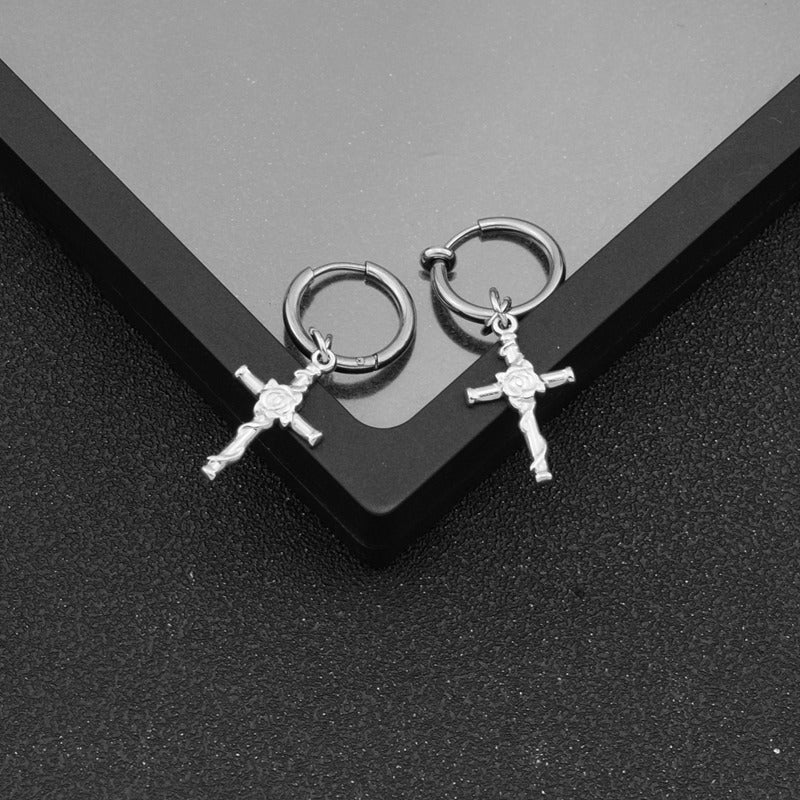 Steel Personalized Cross Rose Special Interest Earrings