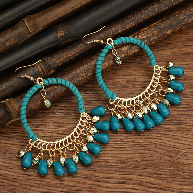 Women's Ethnic Style Bead Tassel Hand-woven Yunnan Earrings
