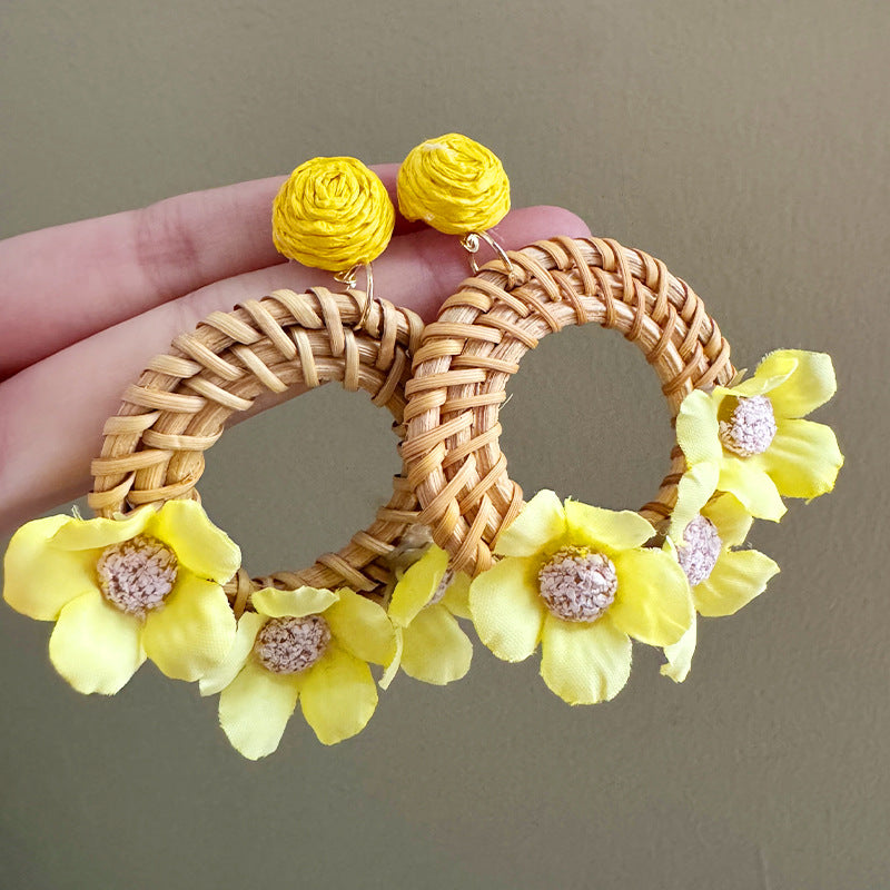 Bohemia Style Exaggerated Rattan Geometric Round Flower Unique Rings
