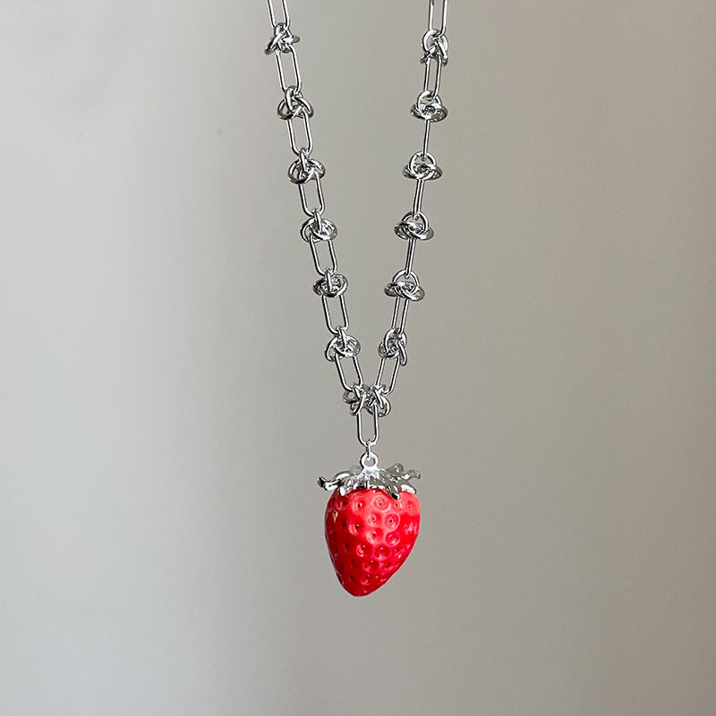 Sweet Cute Red Artificial Strawberry Ear Female Exaggerated Unique Necklace