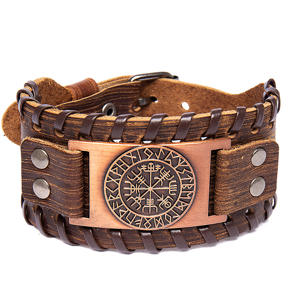 Men's Vintage Viking Compass Totem Width Leather Bracelet