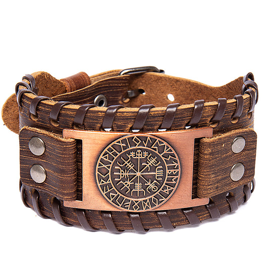 Men's Vintage Viking Compass Totem Width Leather Bracelet
