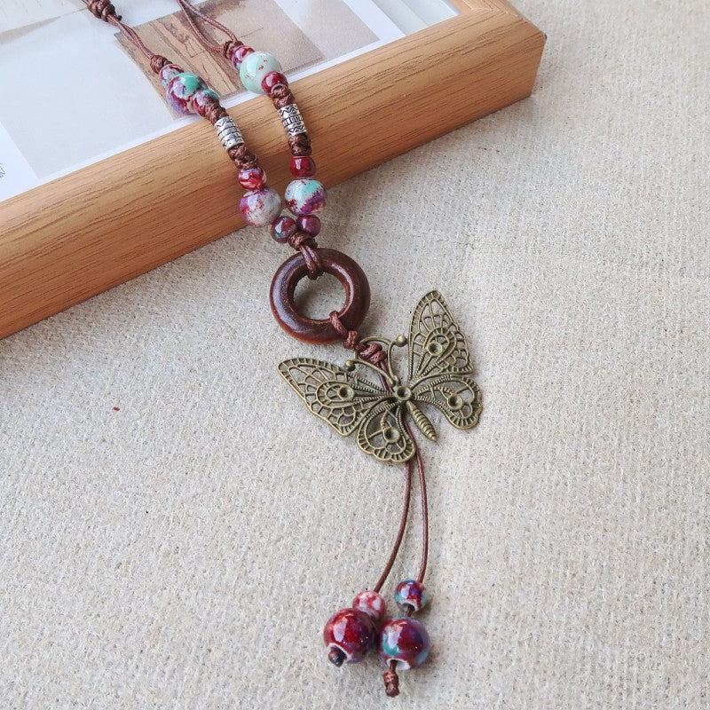 Women's Vintage Ethnic Style Ceramic Long Sweater Necklace