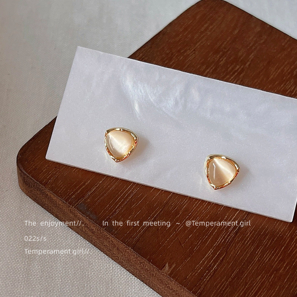 Sier-plated Geometric Triangle Glass Opal Stone Ear Small Stud Earrings