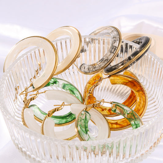 Women's Steel Gold Plated Openwork Circle Resin High Earrings