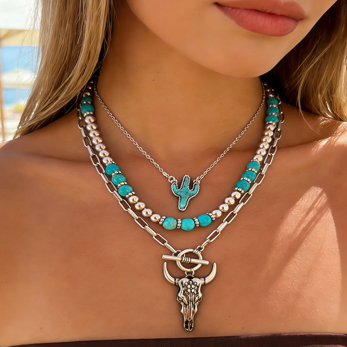 Bohemian Vacation Style Beaded Geometric Tophus Retro Western Denim Necklaces