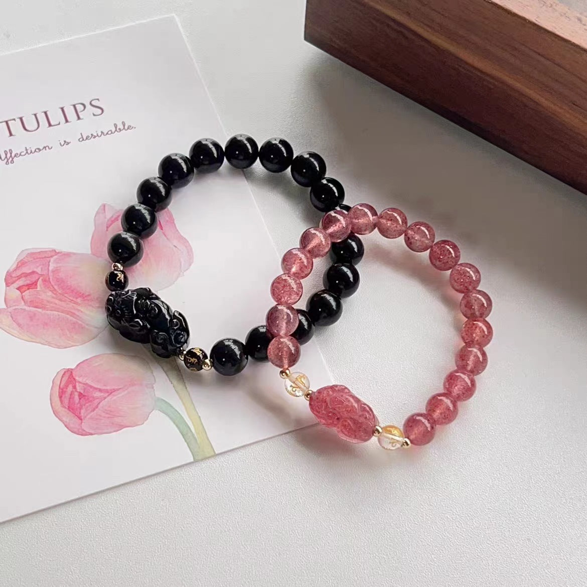 Women's & Men's Pi Strawberry Quartz Obsidian Sweet Style Lucky Meaning Bracelets