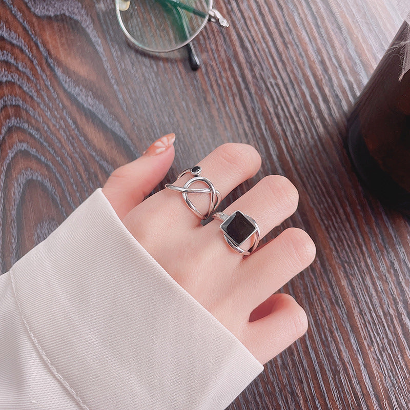 Trendy Sterling Sier Irregular Geometric Black Rings