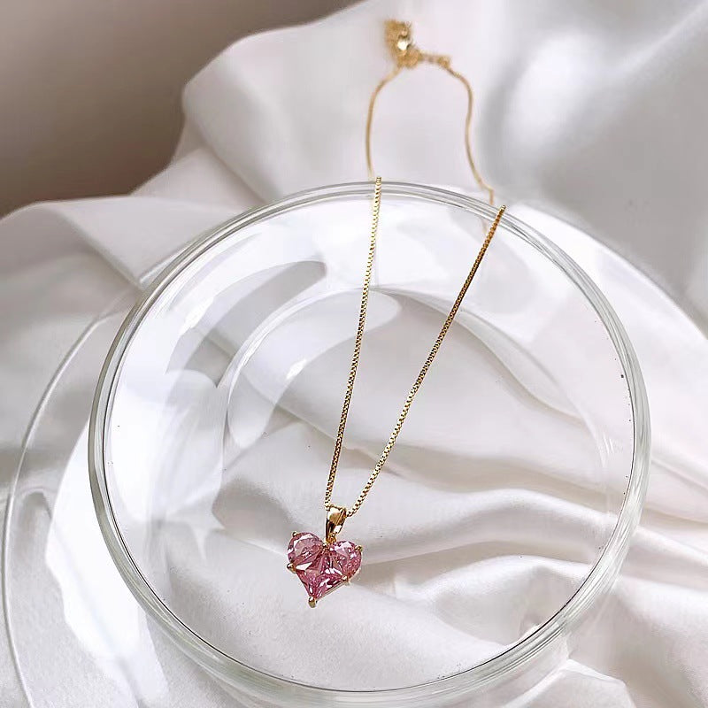 Women's Sier Needle Pink Love Gem Advanced Design Sense Necklace