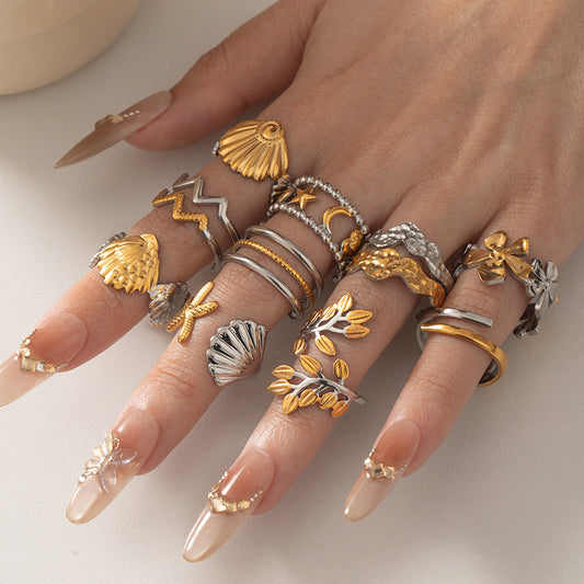 Personalized Two-color Stainless Steel Stacked Leaves Geometric Rings