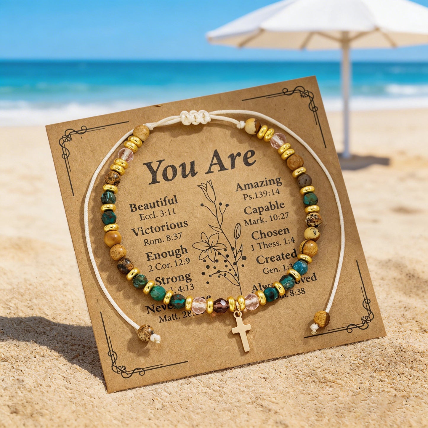 Women's Portia Vacation Style Copper Cross Natural Stone Beaded Adjustable Card Bracelets