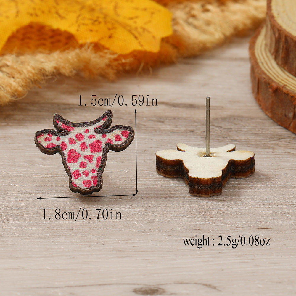 Head Wooden Simple Fashion Personality Cows Pattern Hat Leopard Earrings