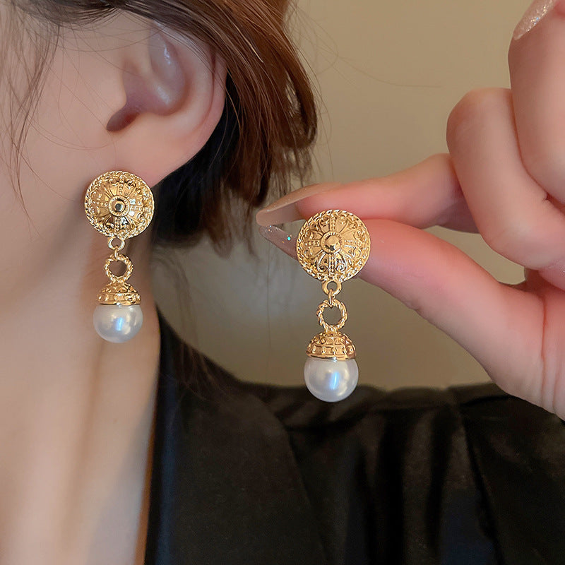 Women's Metal Round Imitation Pearl Tassel Sier Pin French Retro Baroque Earrings