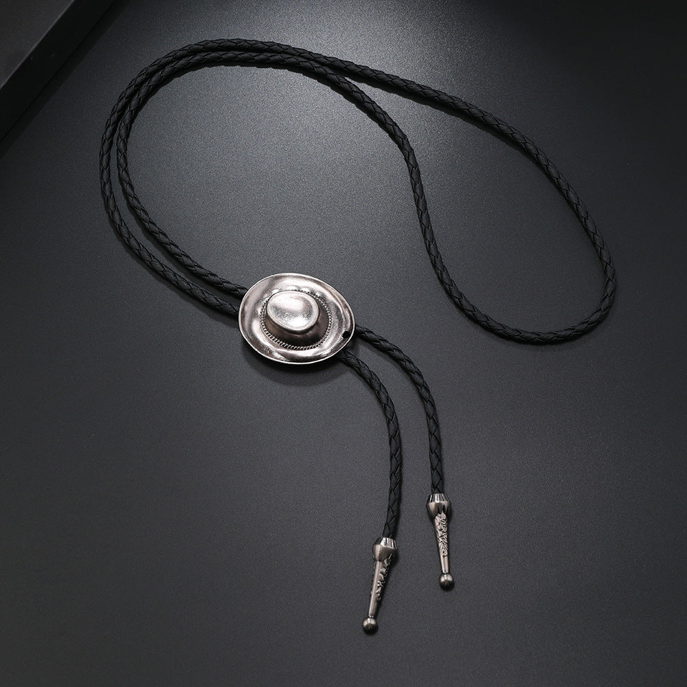 Men's Fedora For Cowhide String Long Sweater Necklace