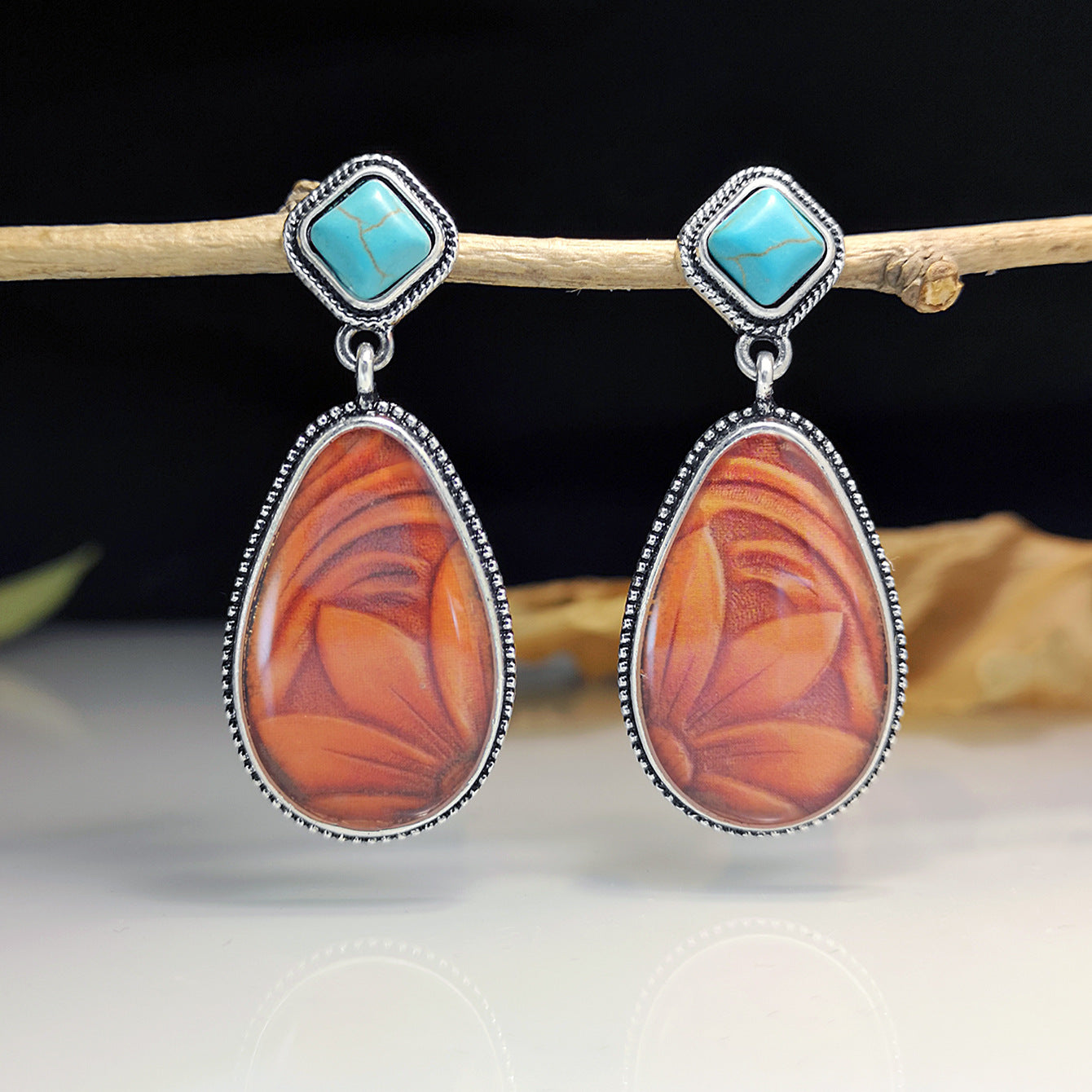 Fashion Brown Sunflower Retro Exaggerated Turquoise Earrings