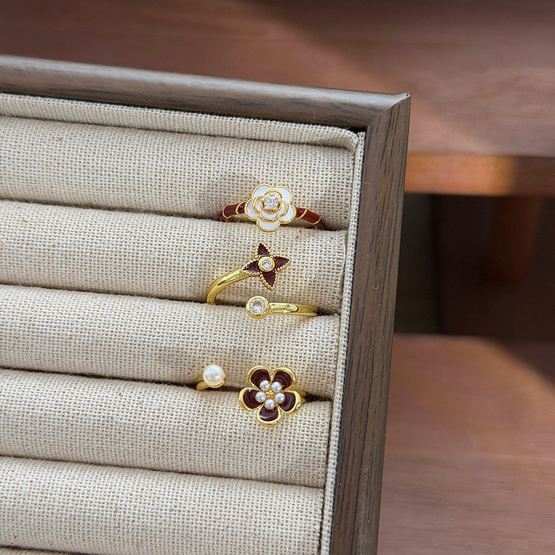 Women's Sweet Retro Affordable Luxury Colorful Enamel Flower Pearl Diamond Asterism Rings
