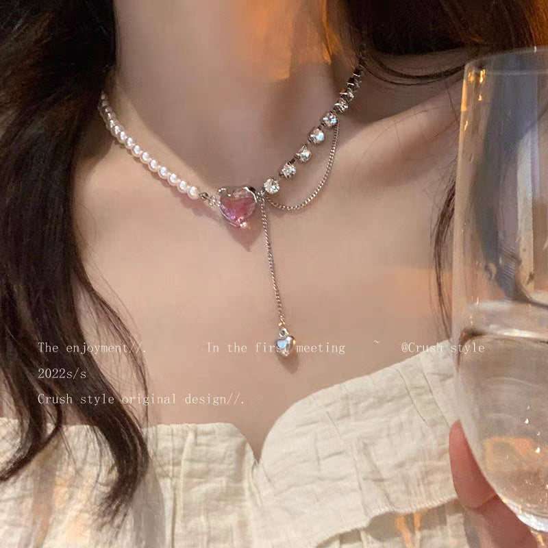 Women's Pink Heart-shaped Zircon Stitching Pearl High-grade Light Luxury Minority Necklace