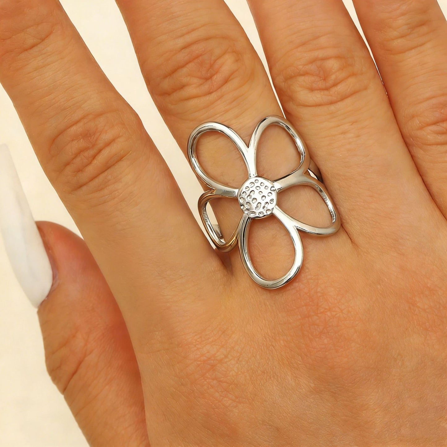 Steel Flower Leaf Female Exaggerated Personalized Hollow Ring