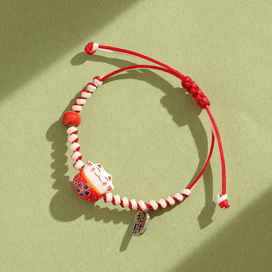 Women's & Men's Lucky Cat Wax Line Ceramic Red Rope Adjustable Bracelets