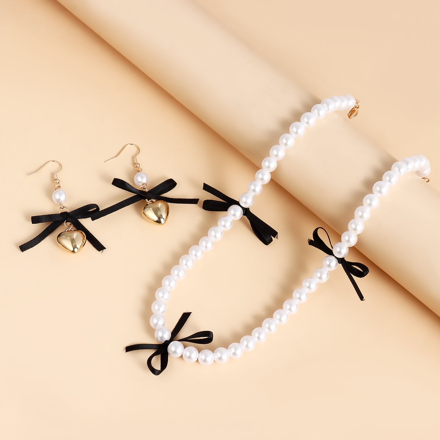 Imitation Pearl Sweet Cool Style Black Ribbon Bow Necklaces