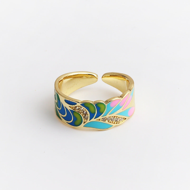 Women's Face Blue Leaf Slate Pattern Opening Adjustable Rings