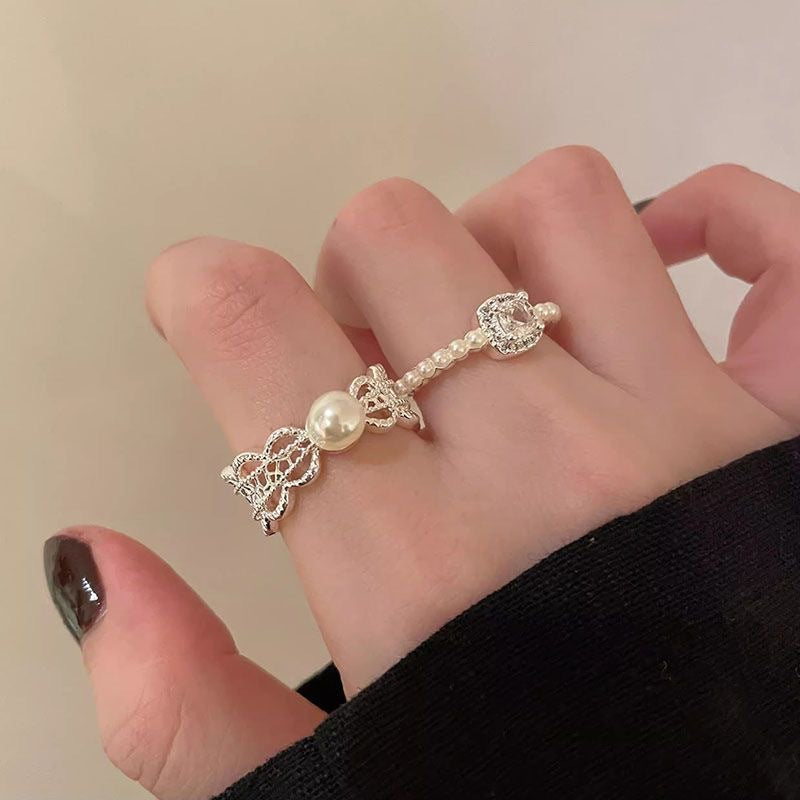 Korean Lace Pearl Zircon Design Switchable Index Ring