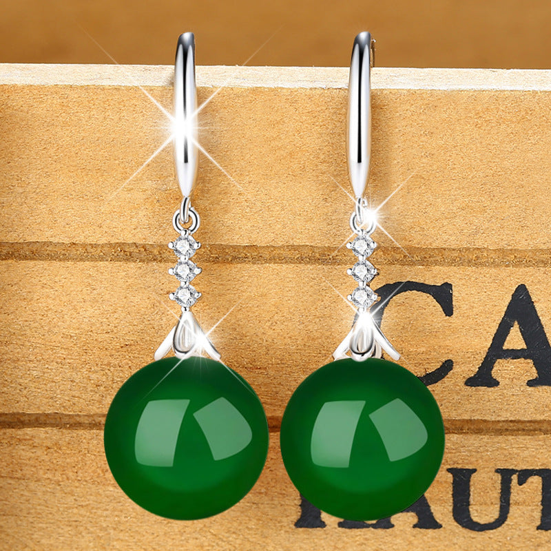 Women's Green Agate Sier Plated Zircon Carnelian Long Earrings