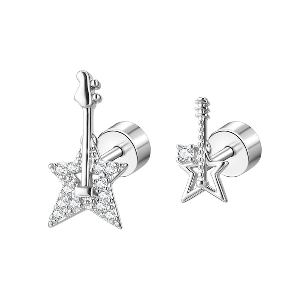 Zircon Titanium Steel Light Luxury Cold Style Personality Asymmetric Guitar Earrings