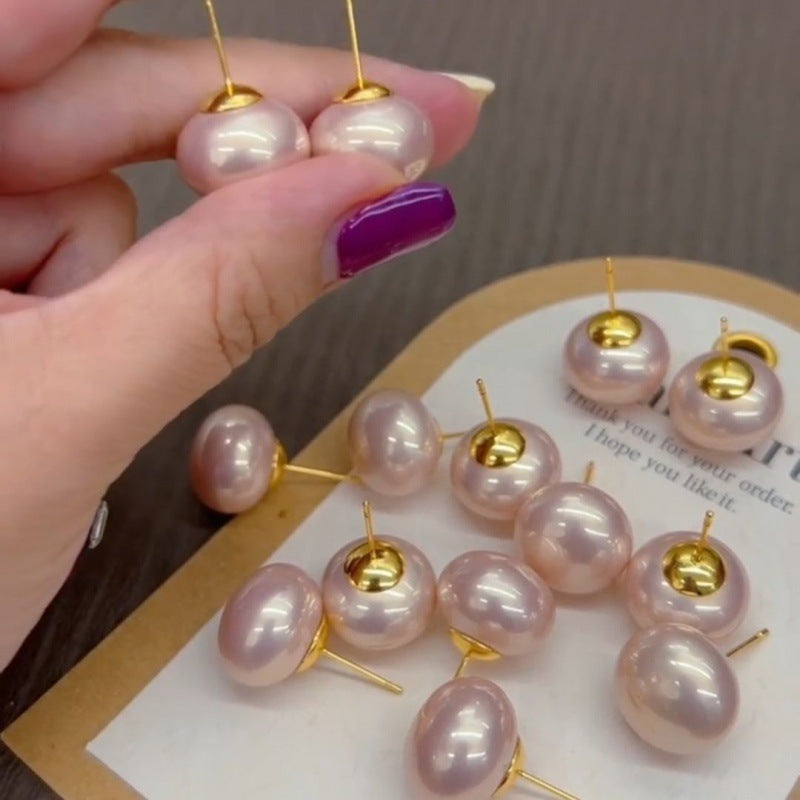 Pink Steamed Bread Pearl Female Design French Style Temperament Stud Earrings