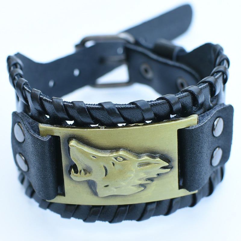 Men's Retro Viking Totem Leather Wolf Head Bear Claw Gossip Lucky Bracelet