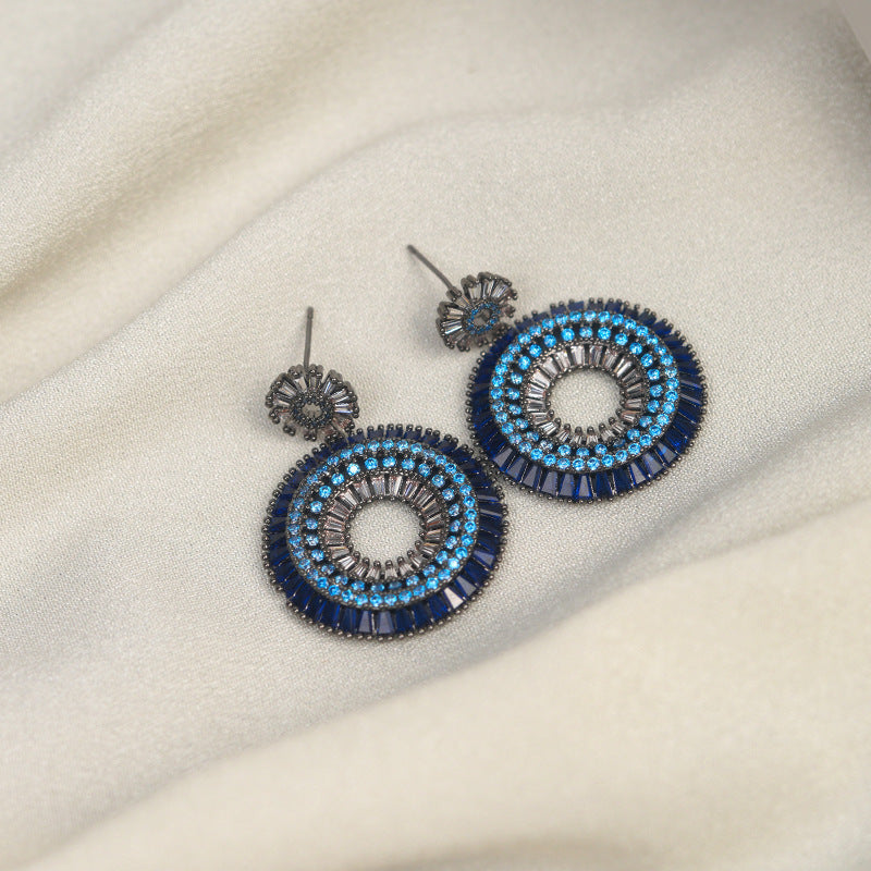Exaggerated Diamond Round Blue Zircon Personalized Tide Design Sier Stud Earrings