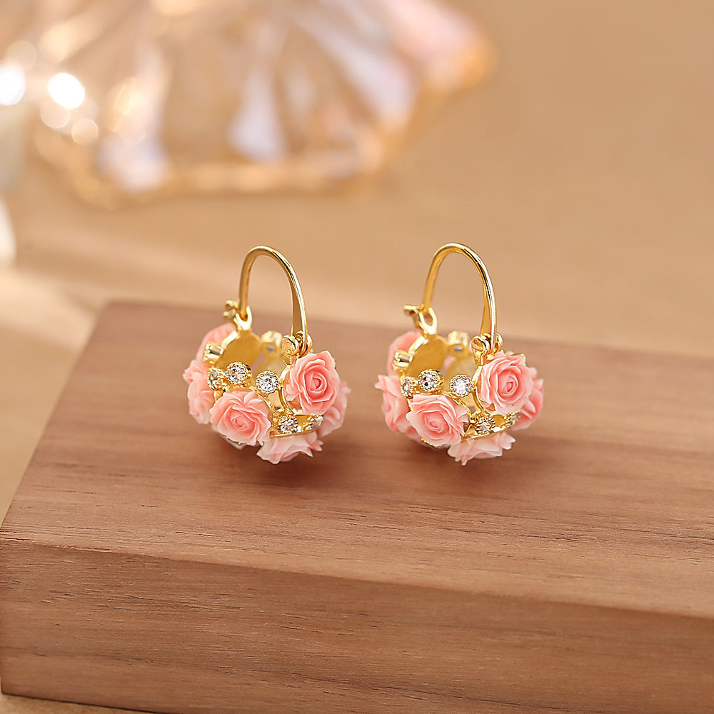 Gentle Pink Rose Flower Basket Ear Clip Design Earrings
