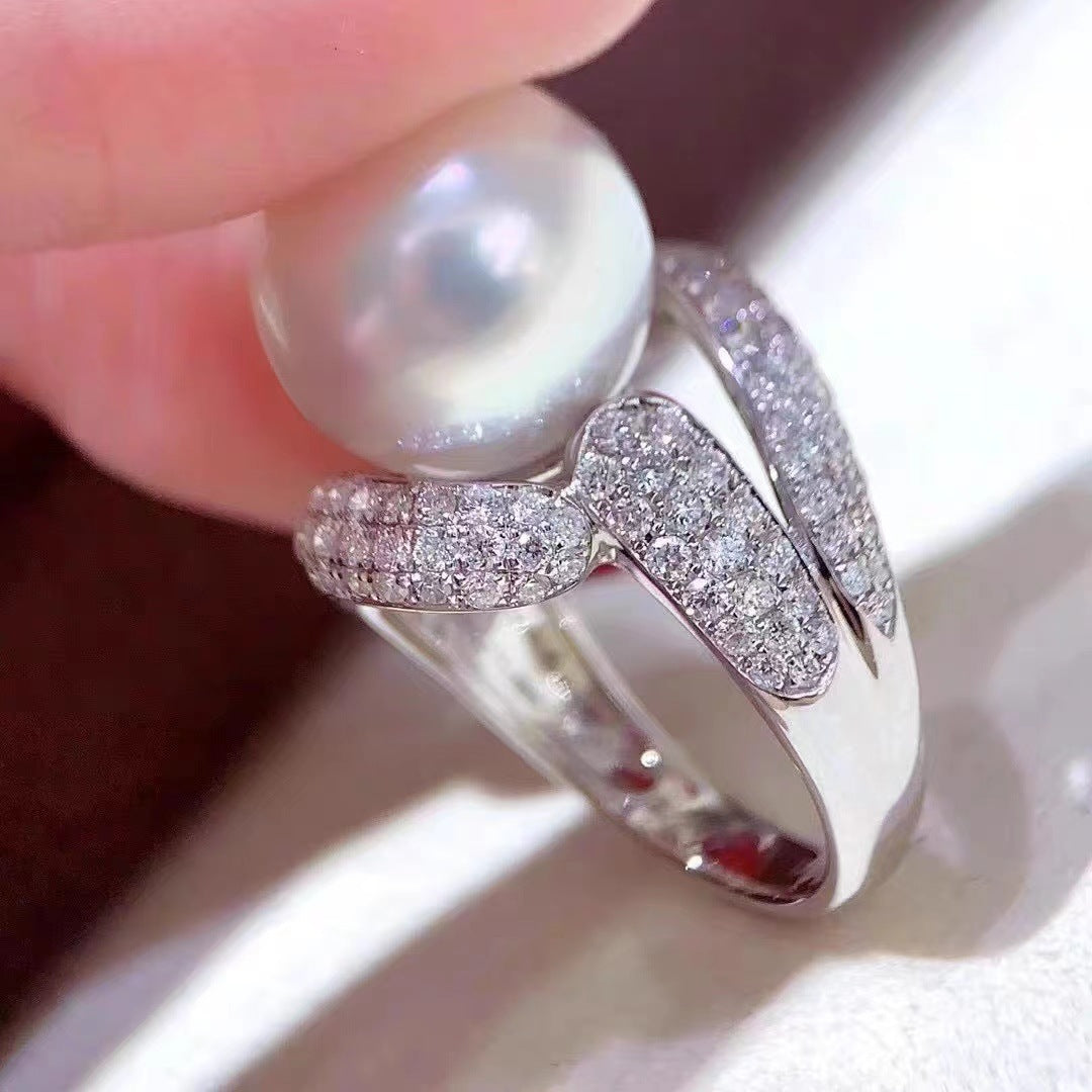 High Carbon Rhinestone Pearl Female Design Light Luxury Open Exquisite Ring