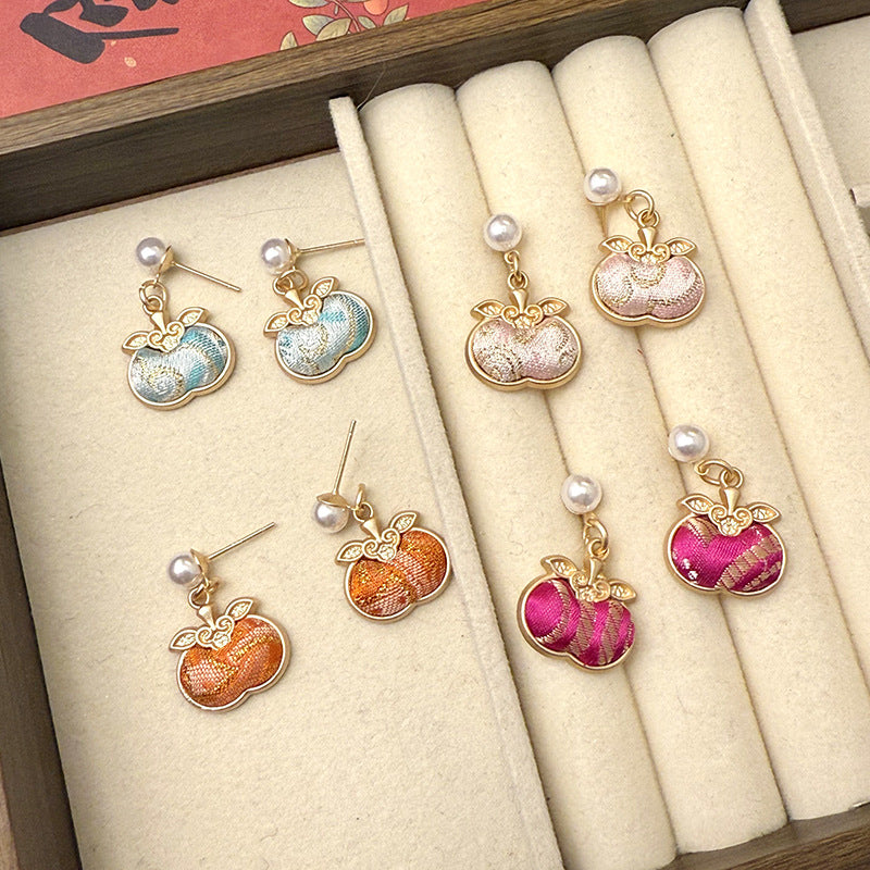 Style Song Dynasty Brocade Lucky Persimmon Sier Needle Ancient Auricular Earrings