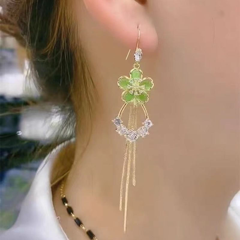 Fairy Green Opal Flower Tassel High-grade Earrings