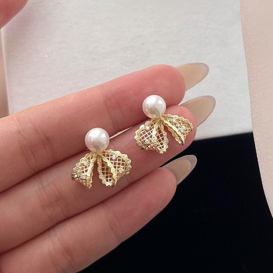 French Style Metal Lace Bow Pearl High-grade Exquisite Rings