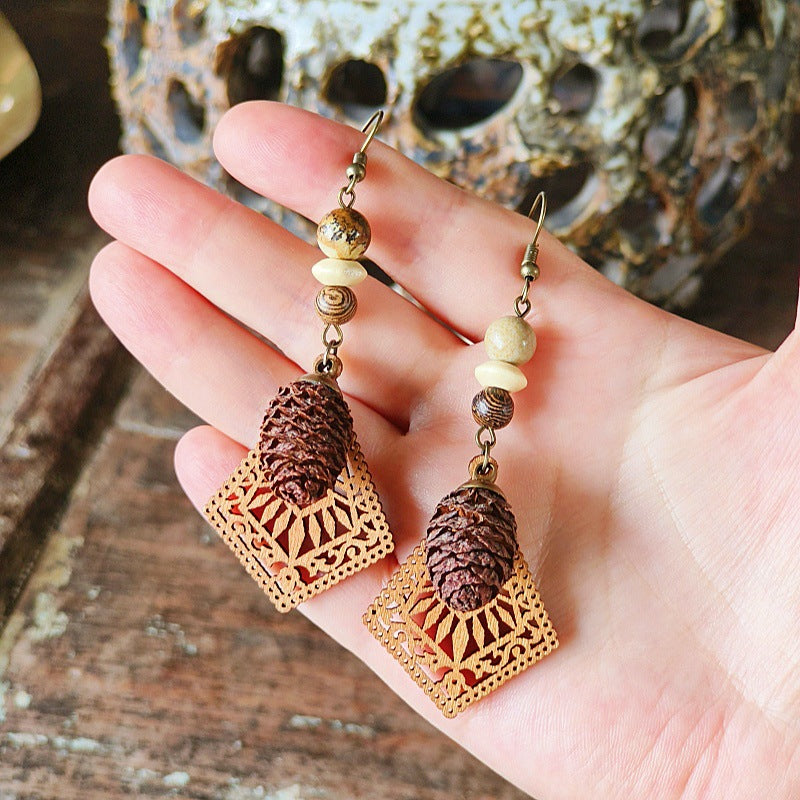 Style Retro Minority Mori Bohemian Indian Wandering Hollow Wood Grain Earrings