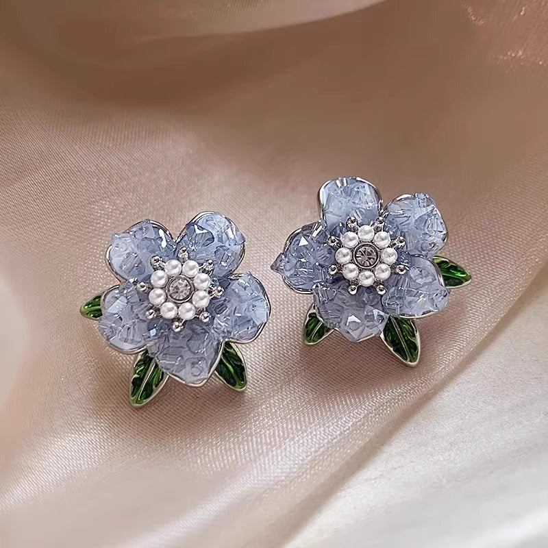 Enamel Camellia Sweet Style Light Luxury Niche Pearl Flower Stud Earrings