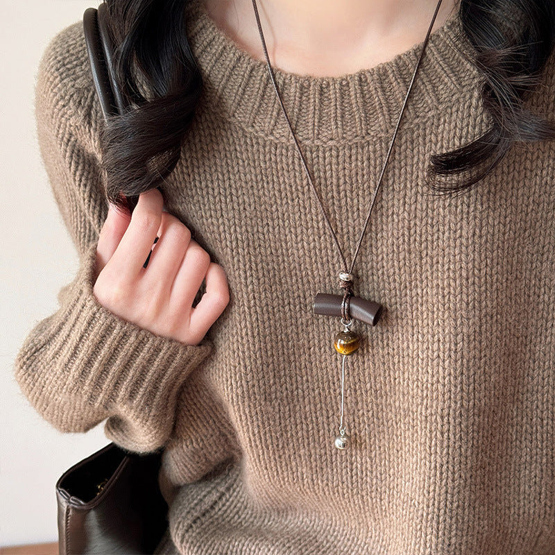 Women's Retro Tigereye Tassel Unique Niche Sweater Necklace