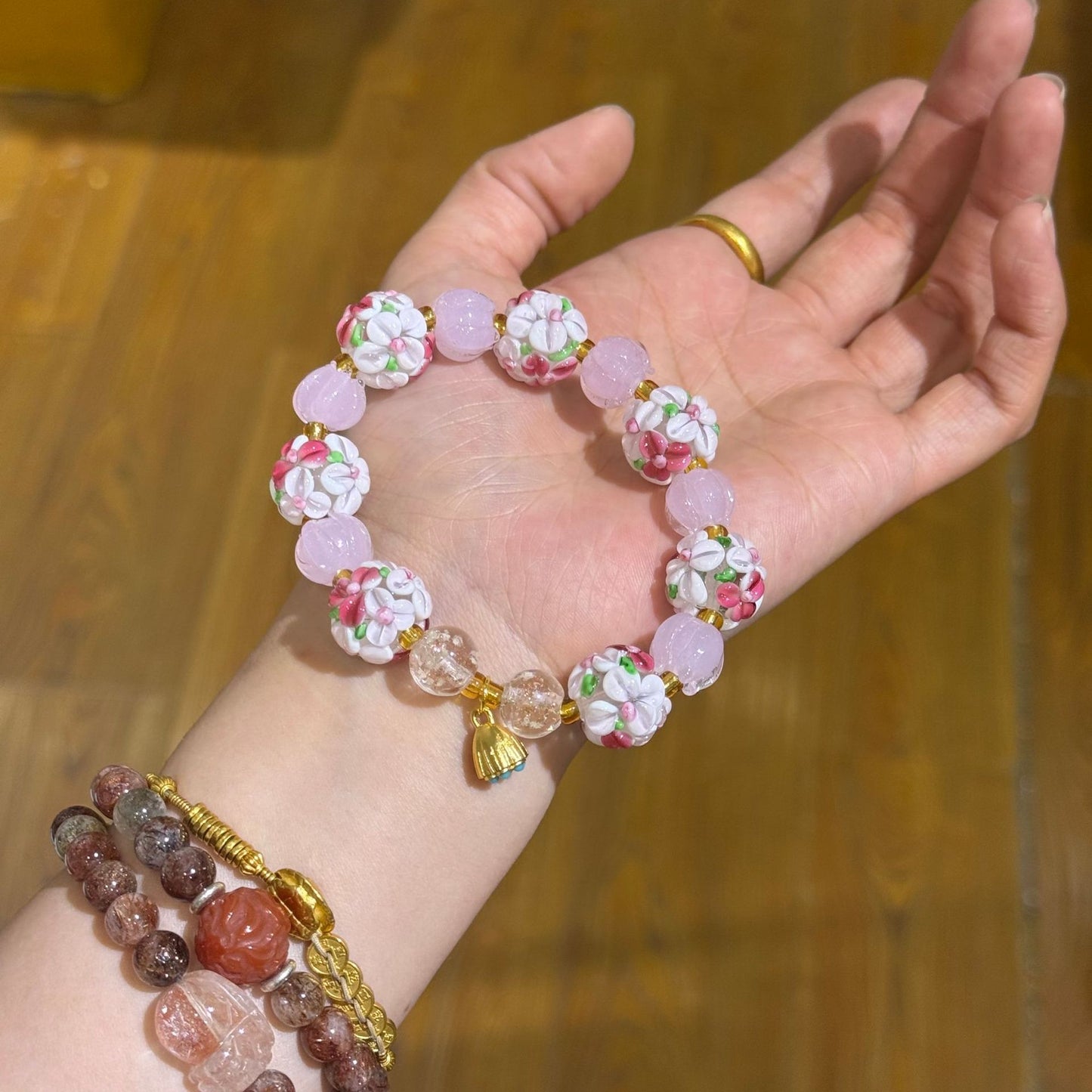 Embroidered Ball Glass Single With Pink Lotus Female Bracelet