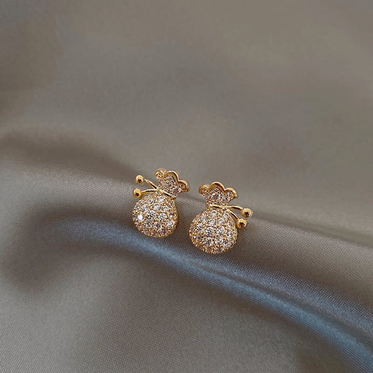 Women's Sier Needle Money Bag Small Ear Exquisite Unique Minority Design Stud Earrings