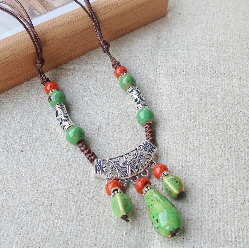 Women's Vintage Ethnic Style Ceramic Long Sweater Necklace