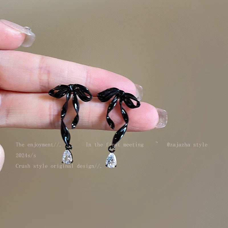 Ribbon Zircon Female Sweet Temperament Sier Earrings