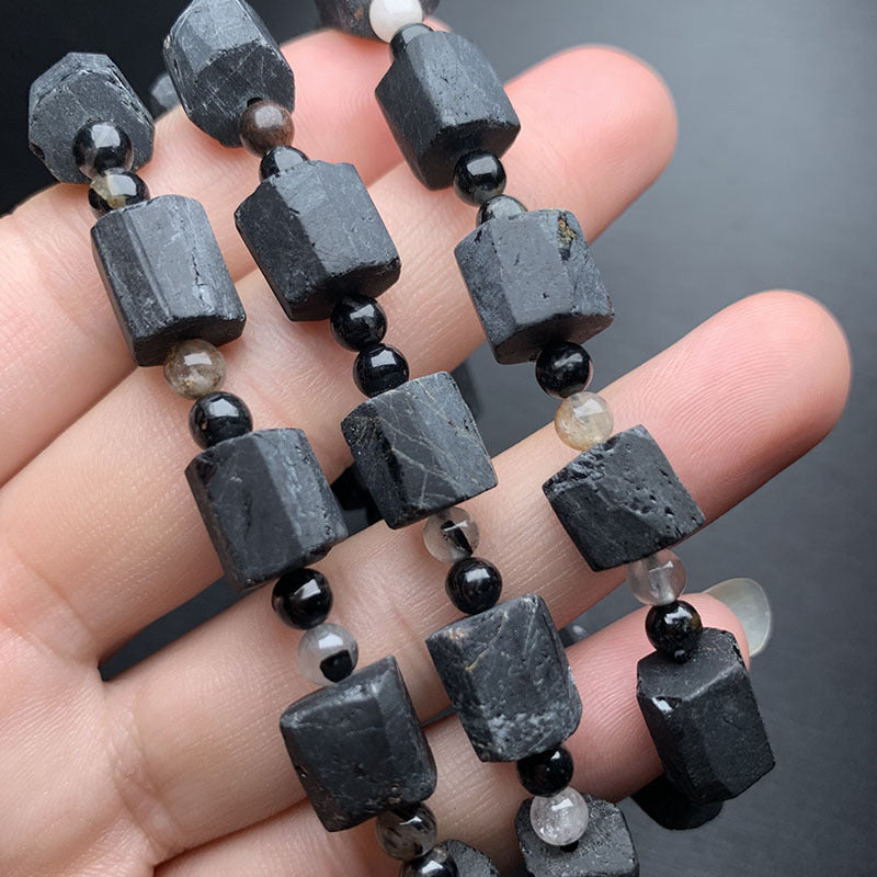 Women's & Men's Tourmaline Crystal Dazzling Black Grade Rough Stone Square Frosted Bracelets