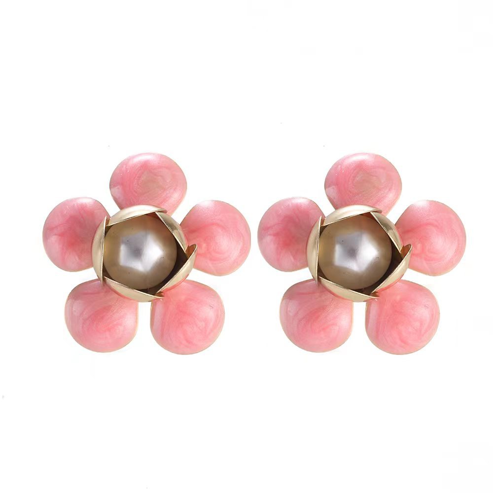 Fairy Dripping Oil Camellia Colored Glaze Pearl Fresh Sweet Special Earrings