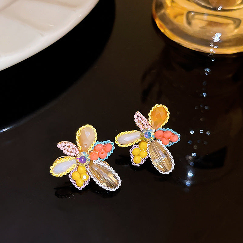 Dopamine Vacation Style Sier Needle Bead Flower Delicate Indie Earrings