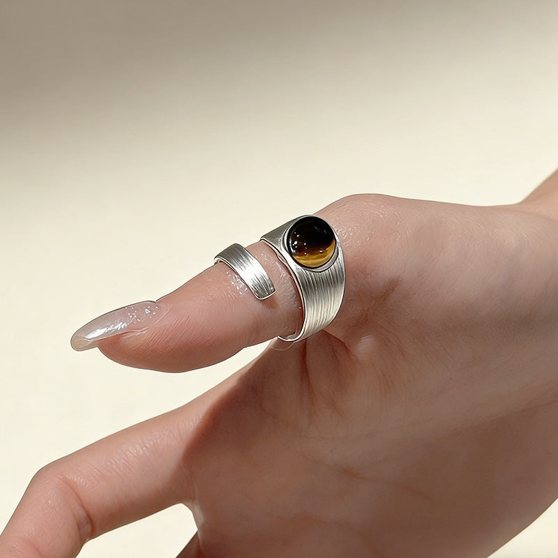 Korean Style Tigereye Irregular Design High-grade Simple Retro Sier-plated Rings