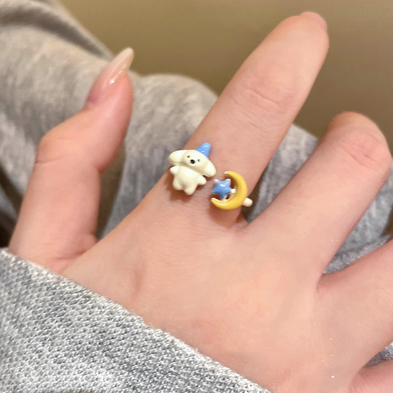 Cute Puppy Drip Glazed Female Niche Design Rings