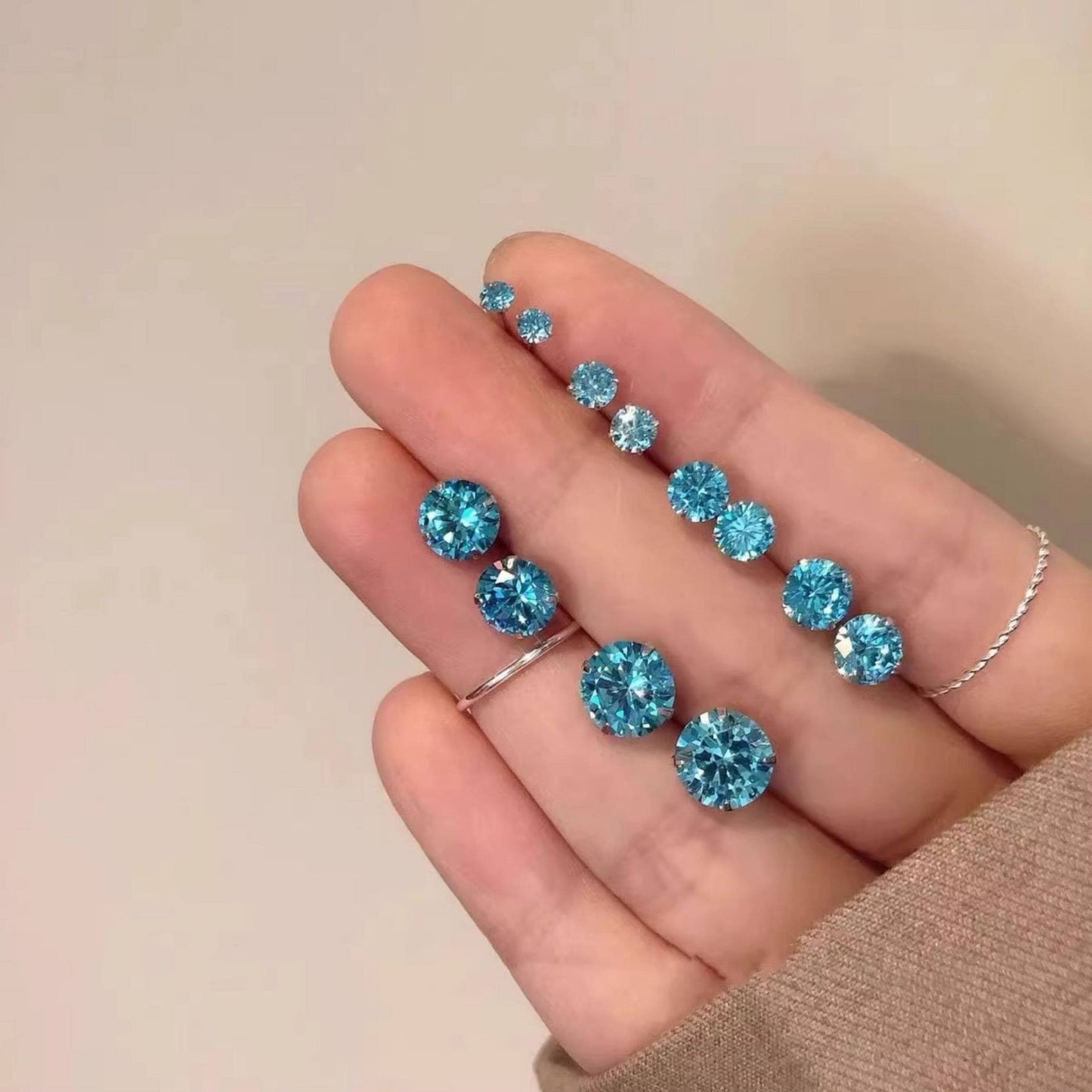 Small Cute Sea Blue Zircon Simple Ear Stud Earrings