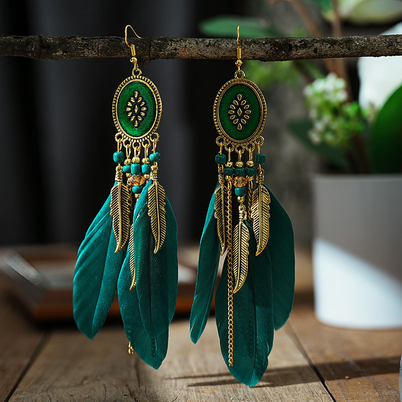 Creative Oval Long Tassel Red Feather Vintage Chain Earrings